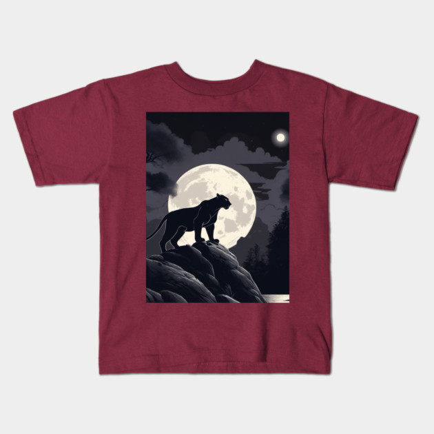 Black Panther Cat, Rock, Forest, Full Moon Kids T-Shirt by BirdsnStuff
