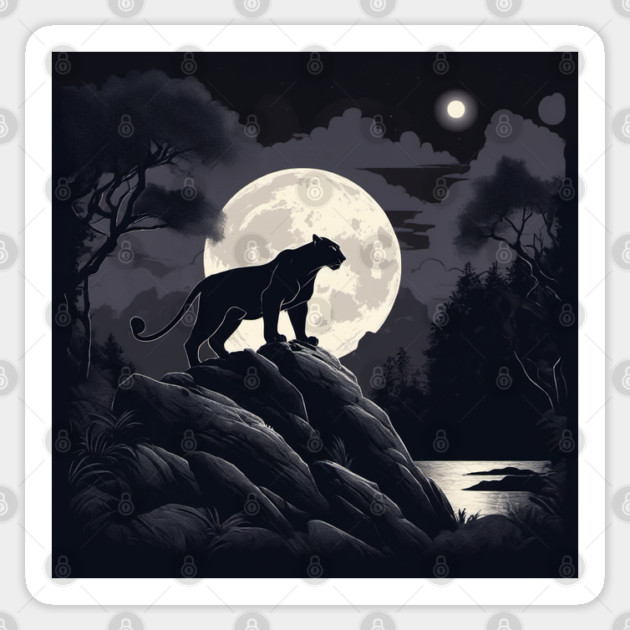 Black Panther Cat, Rock, Forest, Full Moon Sticker by BirdsnStuff