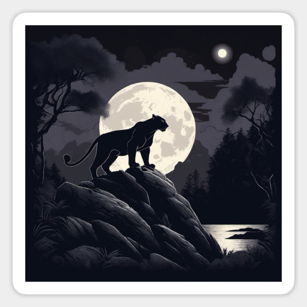 Black Panther Cat, Rock, Forest, Full Moon Magnet by BirdsnStuff