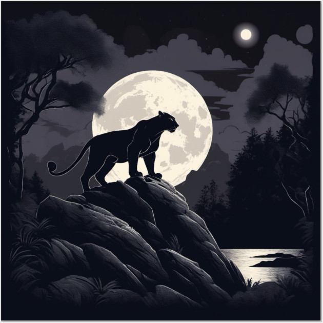 Black Panther Cat, Rock, Forest, Full Moon Wall Art by BirdsnStuff