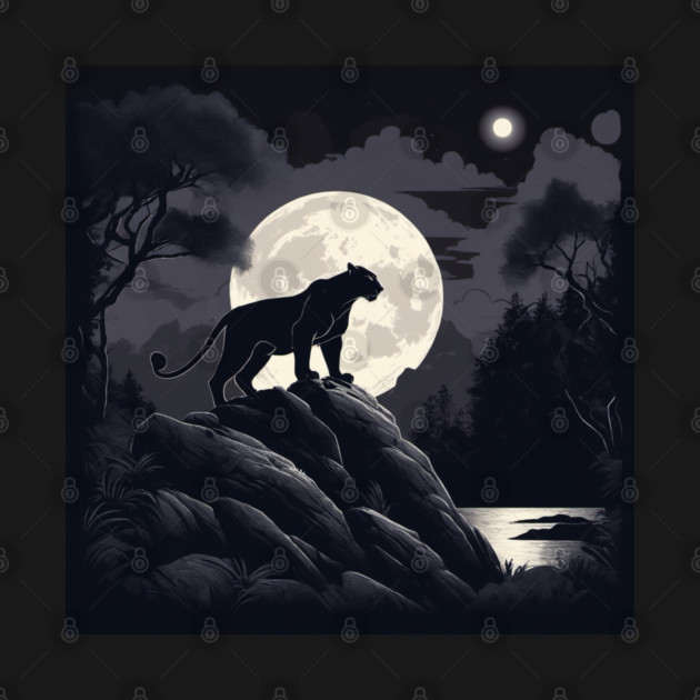 Black Panther Cat, Rock, Forest, Full Moon by BirdsnStuff