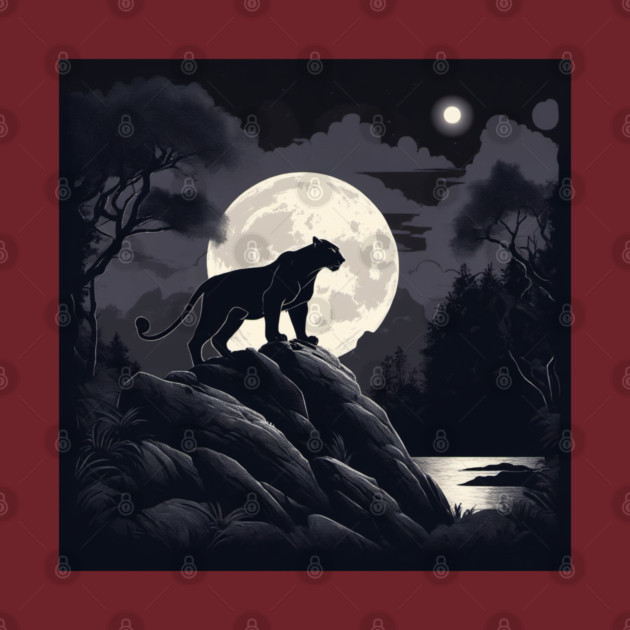 Black Panther Cat, Rock, Forest, Full Moon by BirdsnStuff