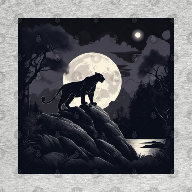 Black Panther Cat, Rock, Forest, Full Moon by BirdsnStuff
