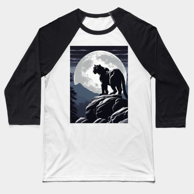 Black Panther Cat, Rock, Forest, Full Moon Baseball T-Shirt by BirdsnStuff