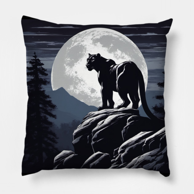 Black Panther Cat, Rock, Forest, Full Moon Pillow by BirdsnStuff