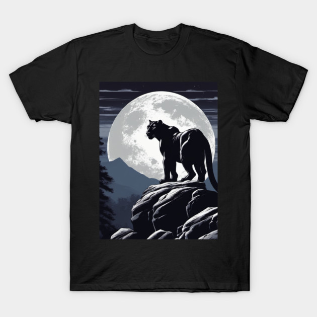 Black Panther Cat, Rock, Forest, Full Moon T-Shirt by BirdsnStuff