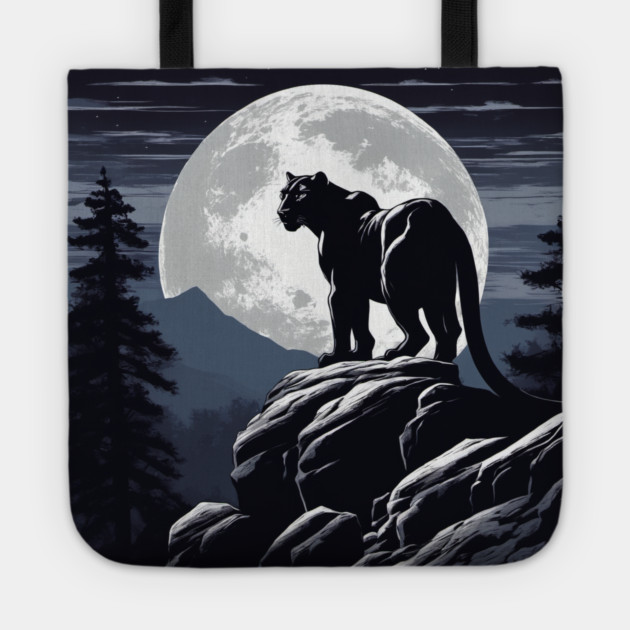 Black Panther Cat, Rock, Forest, Full Moon Tote by BirdsnStuff