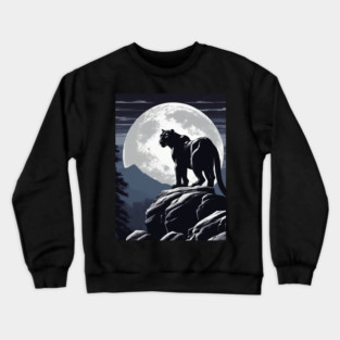 Black Panther Cat, Rock, Forest, Full Moon Crewneck Sweatshirt