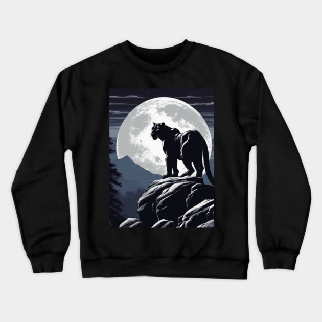 Black Panther Cat, Rock, Forest, Full Moon Crewneck Sweatshirt by BirdsnStuff