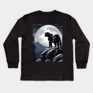 Black Panther Cat, Rock, Forest, Full Moon Kids Long Sleeve T-Shirt
