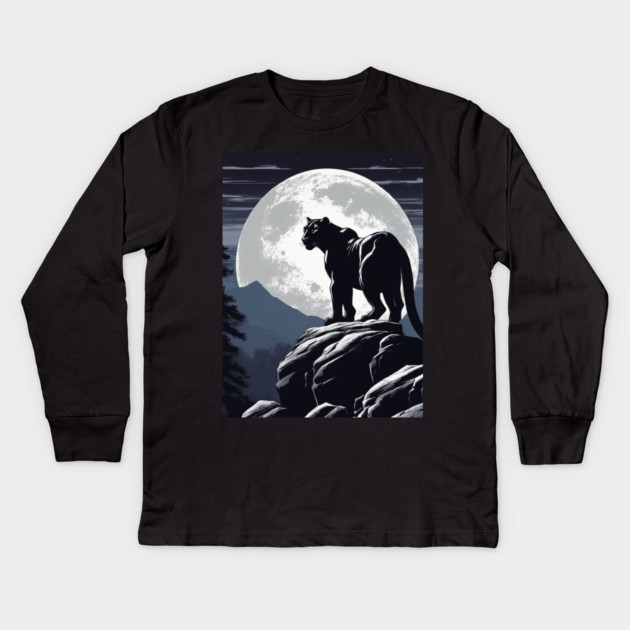 Black Panther Cat, Rock, Forest, Full Moon Kids Long Sleeve T-Shirt by BirdsnStuff