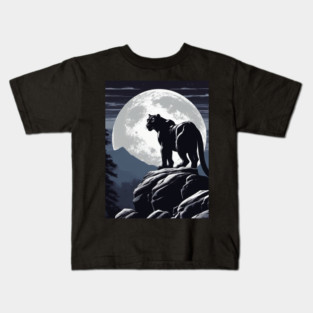 Black Panther Cat, Rock, Forest, Full Moon Kids T-Shirt