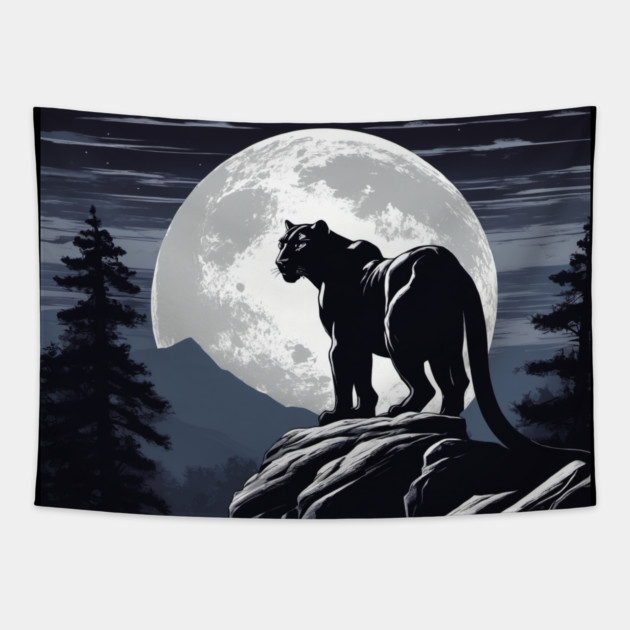 Black Panther Cat, Rock, Forest, Full Moon Tapestry by BirdsnStuff