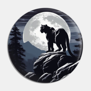 Black Panther Cat, Rock, Forest, Full Moon Pin