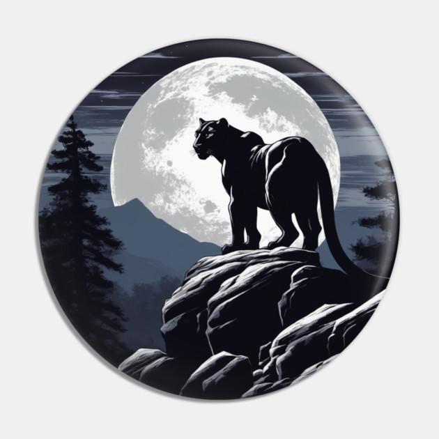 Black Panther Cat, Rock, Forest, Full Moon Pin by BirdsnStuff