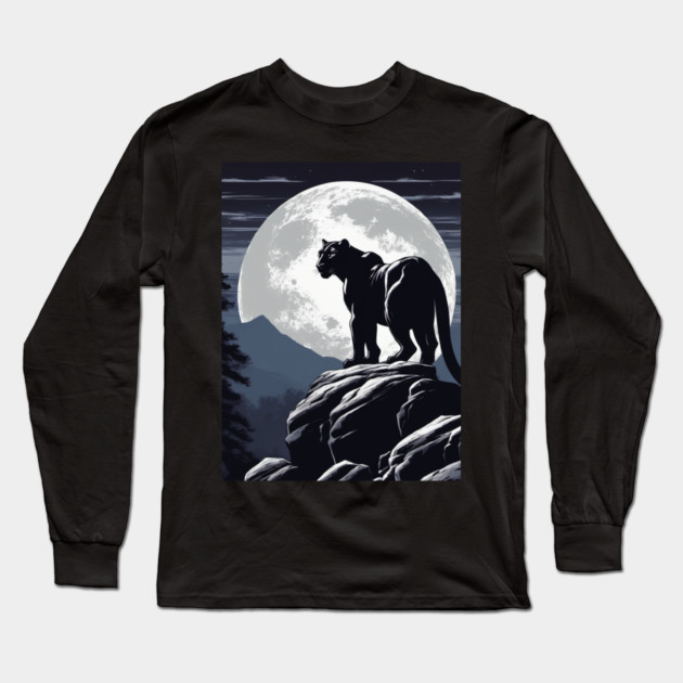 Black Panther Cat, Rock, Forest, Full Moon Long Sleeve T-Shirt by BirdsnStuff