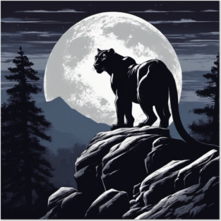 Black Panther Cat, Rock, Forest, Full Moon Posters and Art