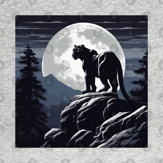 Black Panther Cat, Rock, Forest, Full Moon by BirdsnStuff