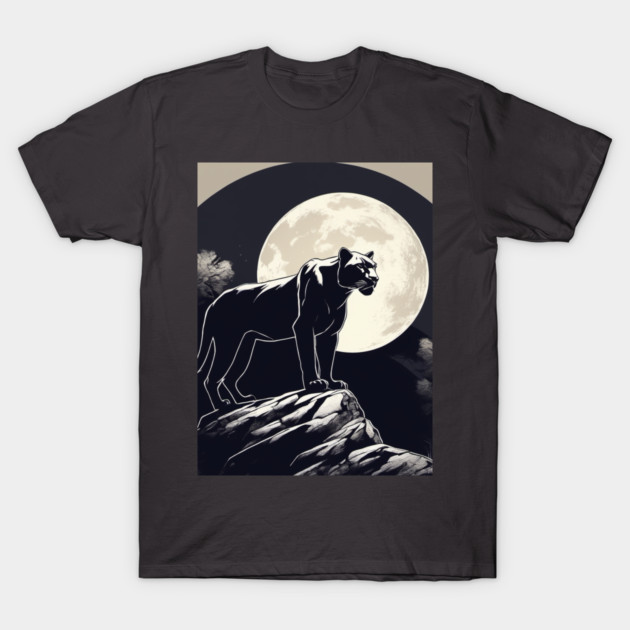 Black Panther Cat, Full Moon, On Rock, Shadowy T-Shirt by BirdsnStuff