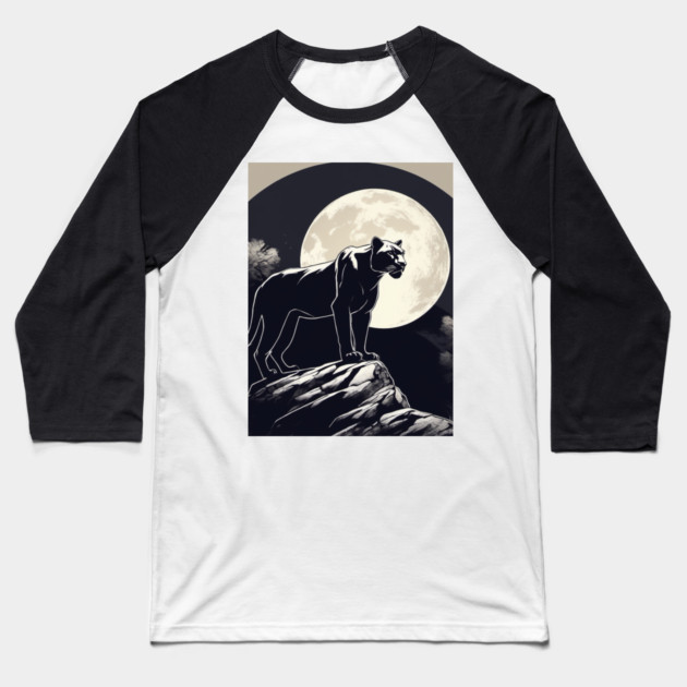 Black Panther Cat, Full Moon, On Rock, Shadowy Baseball T-Shirt by BirdsnStuff