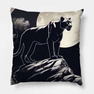 Black Panther Cat, Full Moon, On Rock, Shadowy Pillow