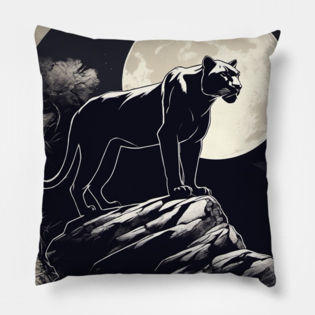 Black Panther Cat, Full Moon, On Rock, Shadowy Pillow by BirdsnStuff