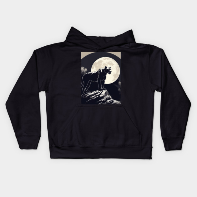 Black Panther Cat, Full Moon, On Rock, Shadowy Kids Hoodie by BirdsnStuff