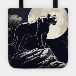 Black Panther Cat, Full Moon, On Rock, Shadowy Tote