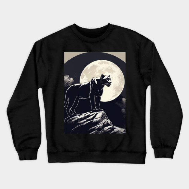 Black Panther Cat, Full Moon, On Rock, Shadowy Crewneck Sweatshirt by BirdsnStuff