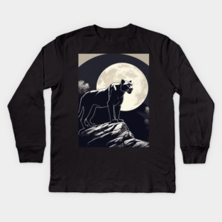 Black Panther Cat, Full Moon, On Rock, Shadowy Kids Long Sleeve T-Shirt