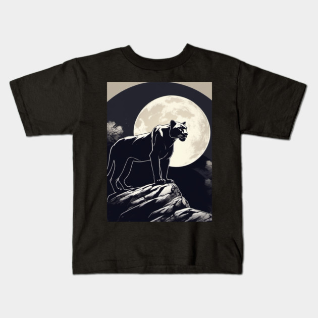 Black Panther Cat, Full Moon, On Rock, Shadowy Kids T-Shirt by BirdsnStuff