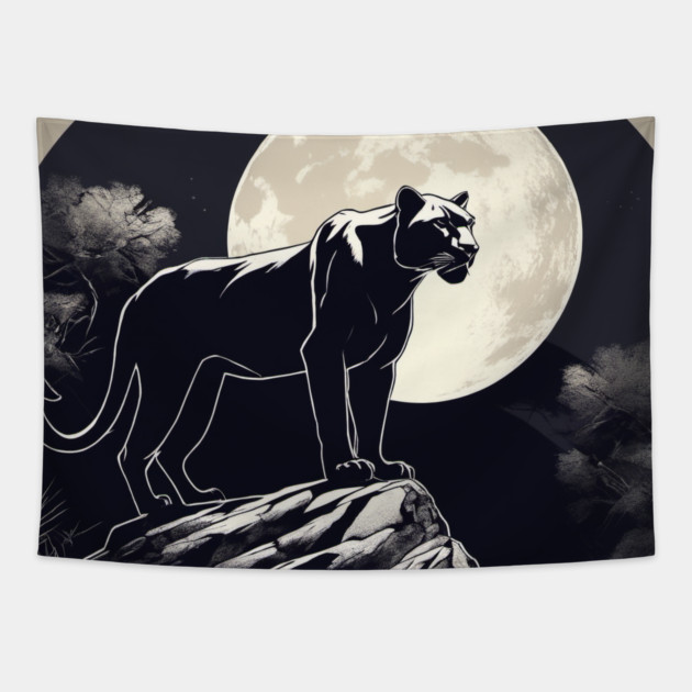 Black Panther Cat, Full Moon, On Rock, Shadowy Tapestry by BirdsnStuff
