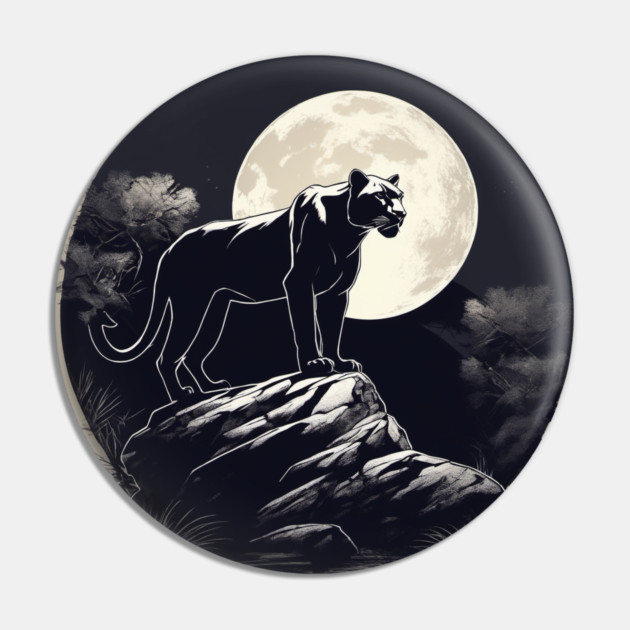 Black Panther Cat, Full Moon, On Rock, Shadowy Pin by BirdsnStuff