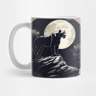Black Panther Cat, Full Moon, On Rock, Shadowy Mug