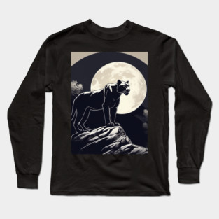 Black Panther Cat, Full Moon, On Rock, Shadowy Long Sleeve T-Shirt
