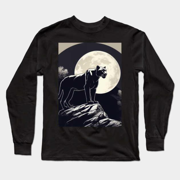 Black Panther Cat, Full Moon, On Rock, Shadowy Long Sleeve T-Shirt by BirdsnStuff