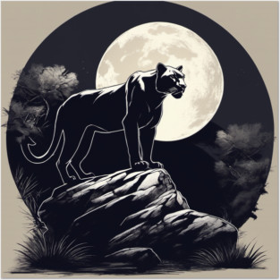 Black Panther Cat, Full Moon, On Rock, Shadowy Posters and Art