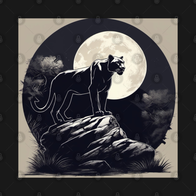 Black Panther Cat, Full Moon, On Rock, Shadowy by BirdsnStuff