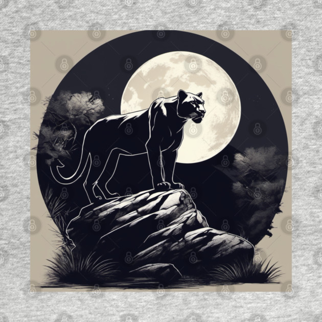 Black Panther Cat, Full Moon, On Rock, Shadowy by BirdsnStuff