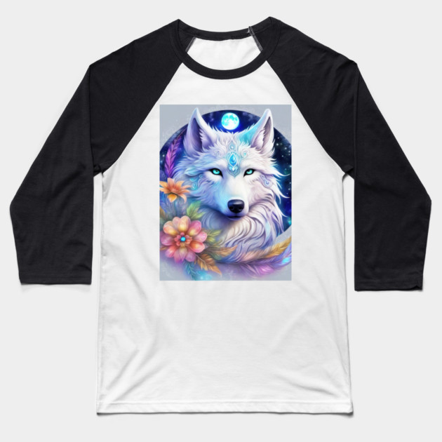 Mystical Wolf with Flowers, Full Moon, Colorful Baseball T-Shirt by BirdsnStuff