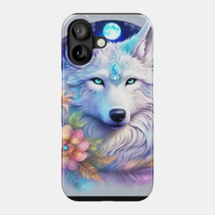 Mystical Wolf with Flowers, Full Moon, Colorful Phone Case