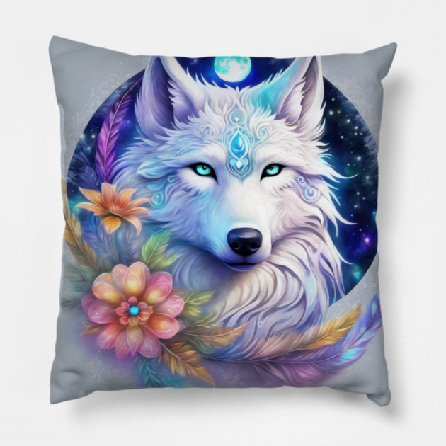 Mystical Wolf with Flowers, Full Moon, Colorful Pillow by BirdsnStuff