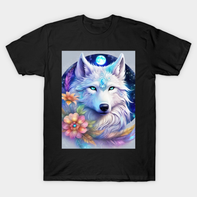 Mystical Wolf with Flowers, Full Moon, Colorful T-Shirt by BirdsnStuff