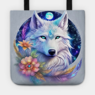 Mystical Wolf with Flowers, Full Moon, Colorful Tote