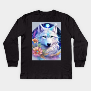 Mystical Wolf with Flowers, Full Moon, Colorful Kids Long Sleeve T-Shirt