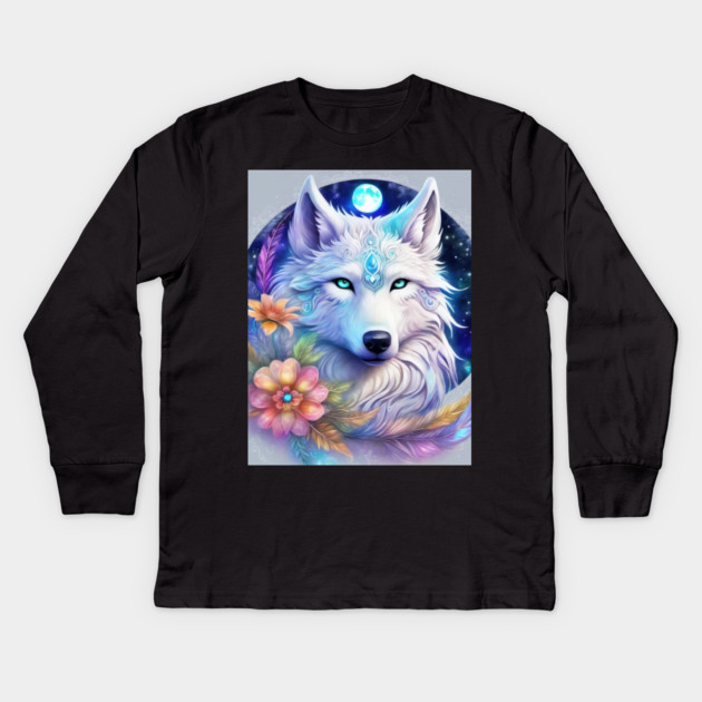 Mystical Wolf with Flowers, Full Moon, Colorful Kids Long Sleeve T-Shirt by BirdsnStuff