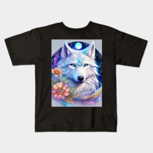 Mystical Wolf with Flowers, Full Moon, Colorful Kids T-Shirt