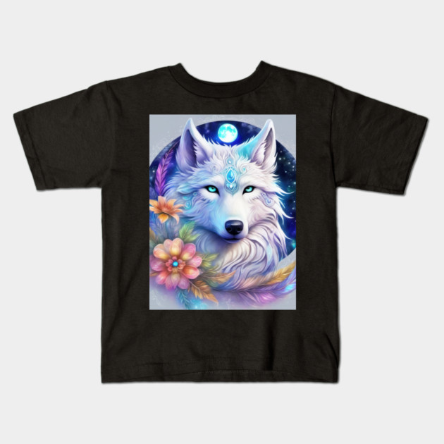 Mystical Wolf with Flowers, Full Moon, Colorful Kids T-Shirt by BirdsnStuff