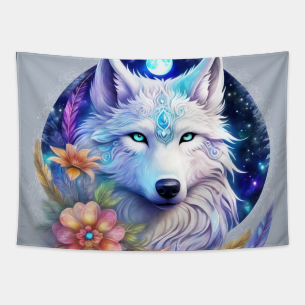Mystical Wolf with Flowers, Full Moon, Colorful Tapestry by BirdsnStuff