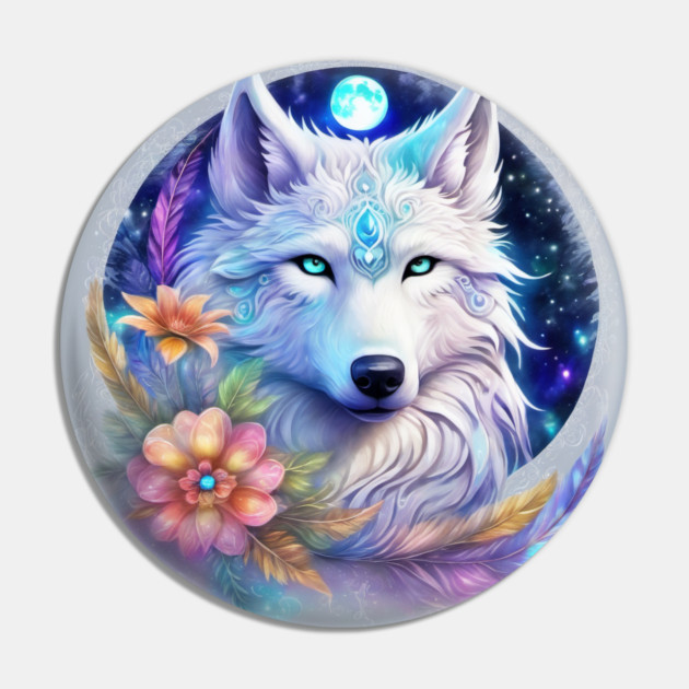 Mystical Wolf with Flowers, Full Moon, Colorful Pin by BirdsnStuff